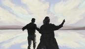 A silhouette of a couple in front of a blue, grey, and lilac sunset.