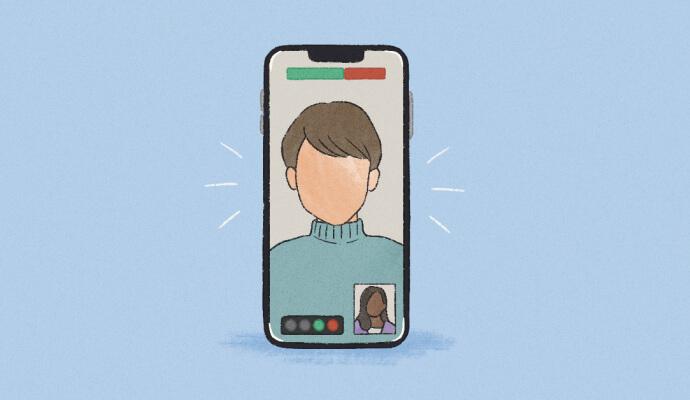 Illustrated image of a therapy client on a teletherapy call on a mobile phone wondering if teletherapy is as effective as in person as in a teletherapy session
