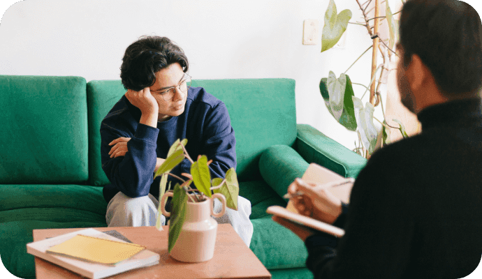 A client faces his therapist, hunched over with his had on his head, in distress. Learn about exposure therapy, who may be a good candidate for it, and how to administer it. Be able to answer What is exposure therapy?