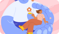 An illustration of a woman holding a flower sitting telling a story about how trauma narratives heal