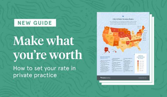 Illustrated infographic depicting a map of the United States and the different rates in each state helping therapists understand the average cost of psychotherapy session