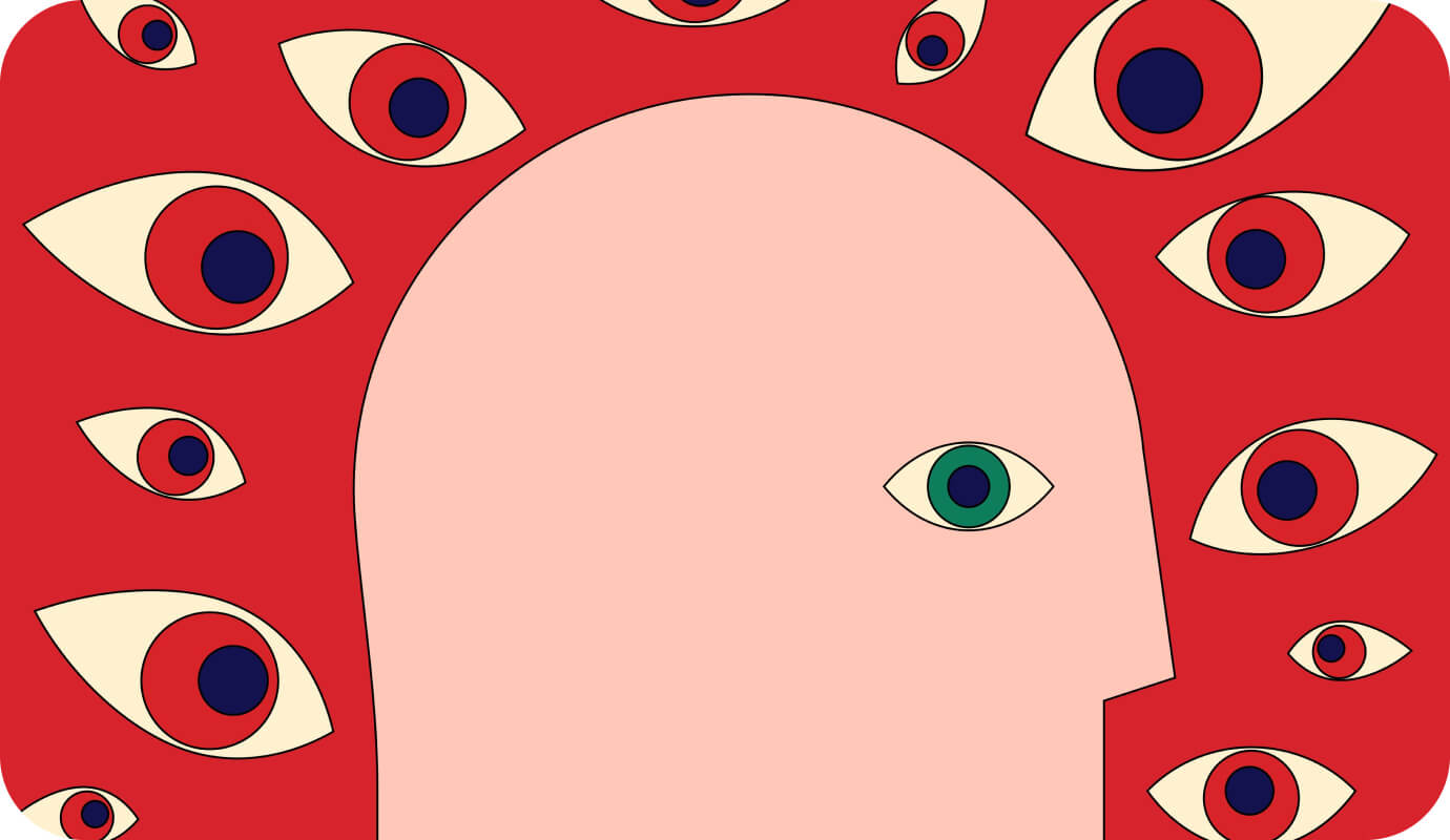 An illustration shows a face of a person with anxiety who is surrounded by eyes which are visual indicators of his negative thoughts so he's considering CBT for social anxiety