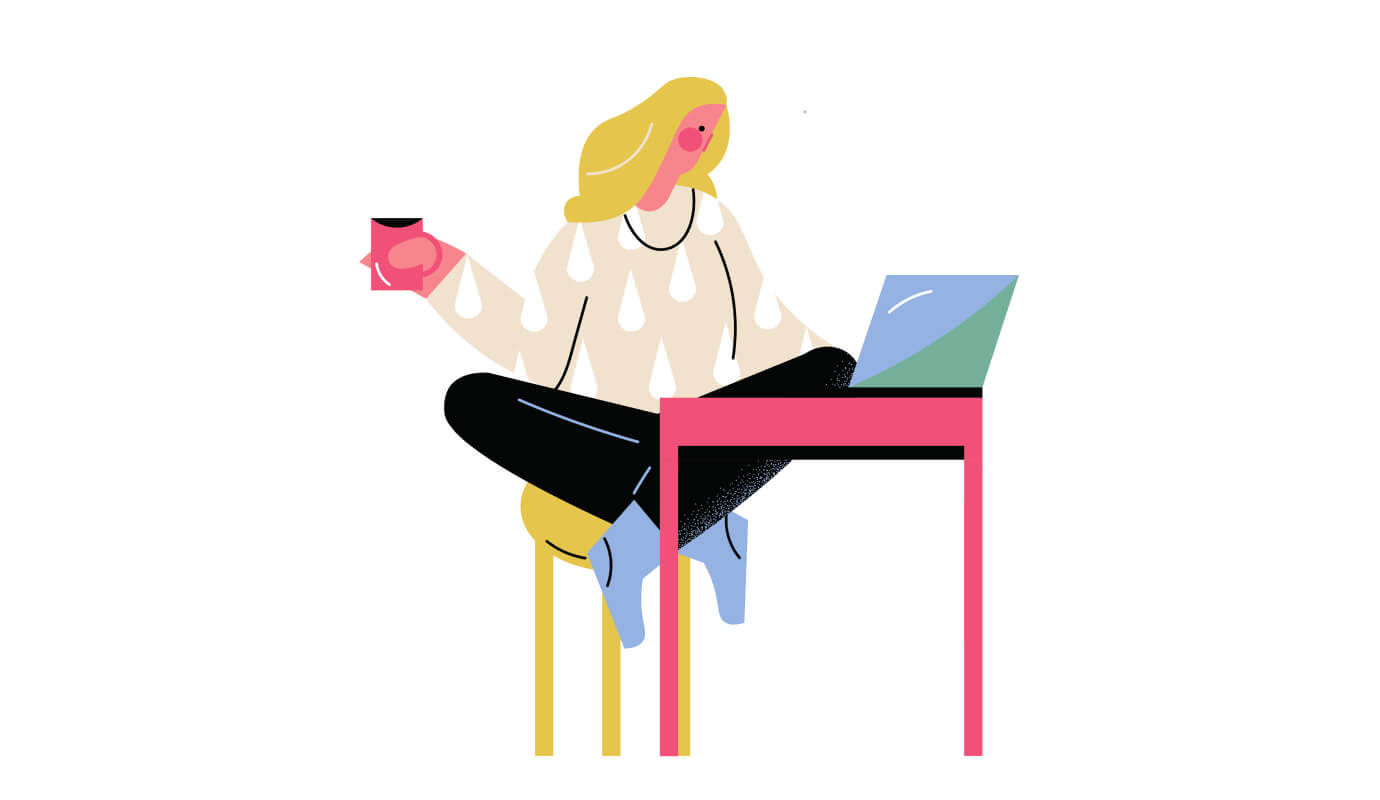 An illustration of a female therapist in private practice working at her desk holding a coffee