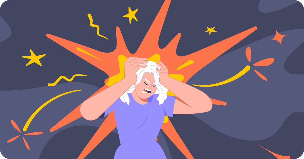 An illustration of a client holding her head in frustration due to a triggering situation. This article shares tools on how to identify triggers, as well as how to help clients with emotional triggers and trigger management.