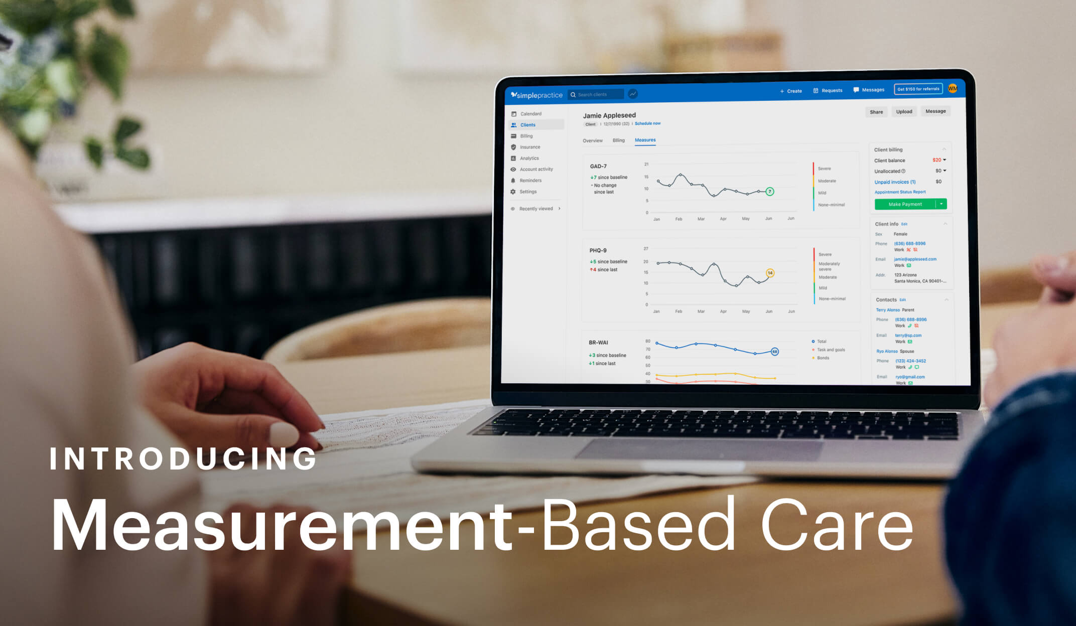 Image of SimplePractice's measurement-based care feature shown on a laptop, with the text "Introducing Measurement-Based Care" overlayed on top