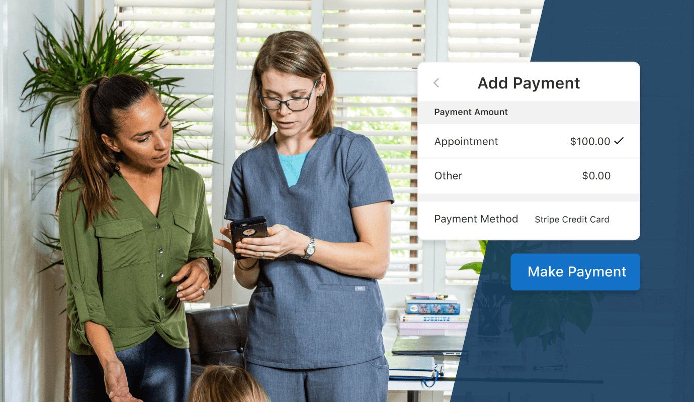 Therapist and nurse practitioner discussing HIPAA compliant invoicing and payment processing