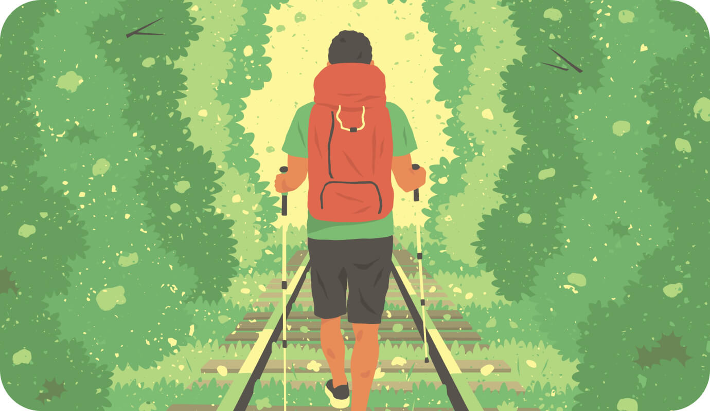 An illustration of a person who is a therapist taking a vacation hiking with a backpack on their back