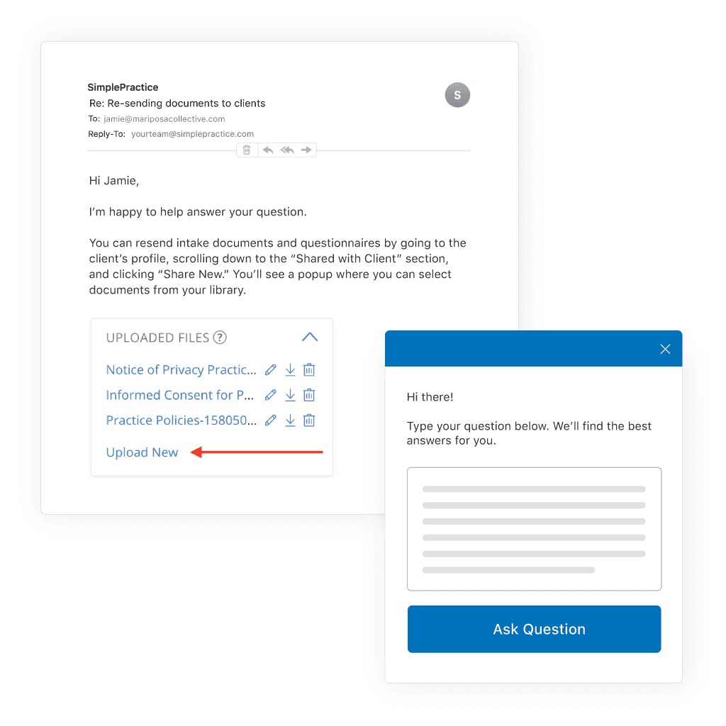 email support intake form for questions about telehealth and simplepractice