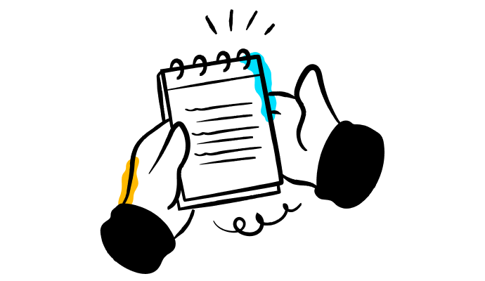 An illustration of a therapist's hands holding a notebook to write a SOAP note on a client