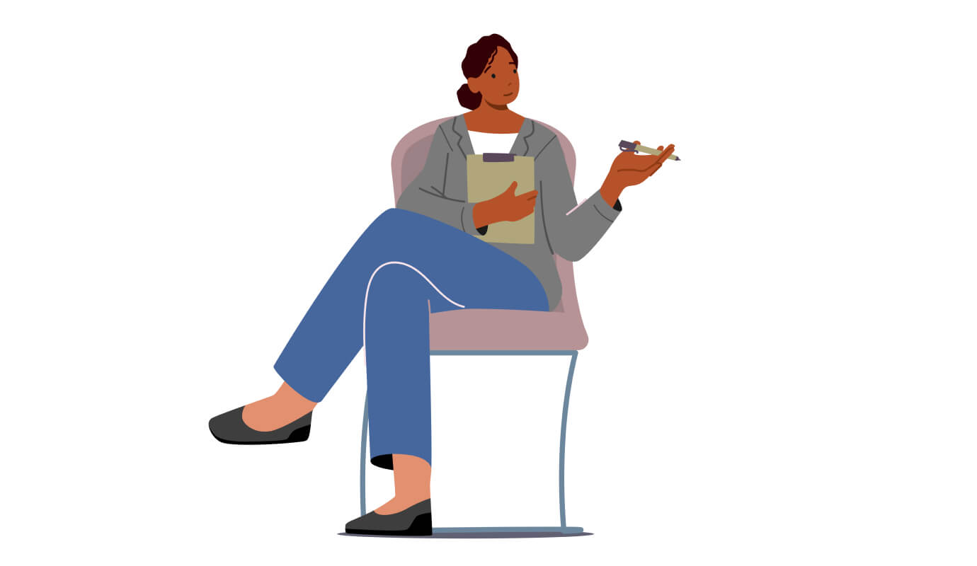 An illustration of a female therapist sitting in a chair wondering about mental health for mental health professionals